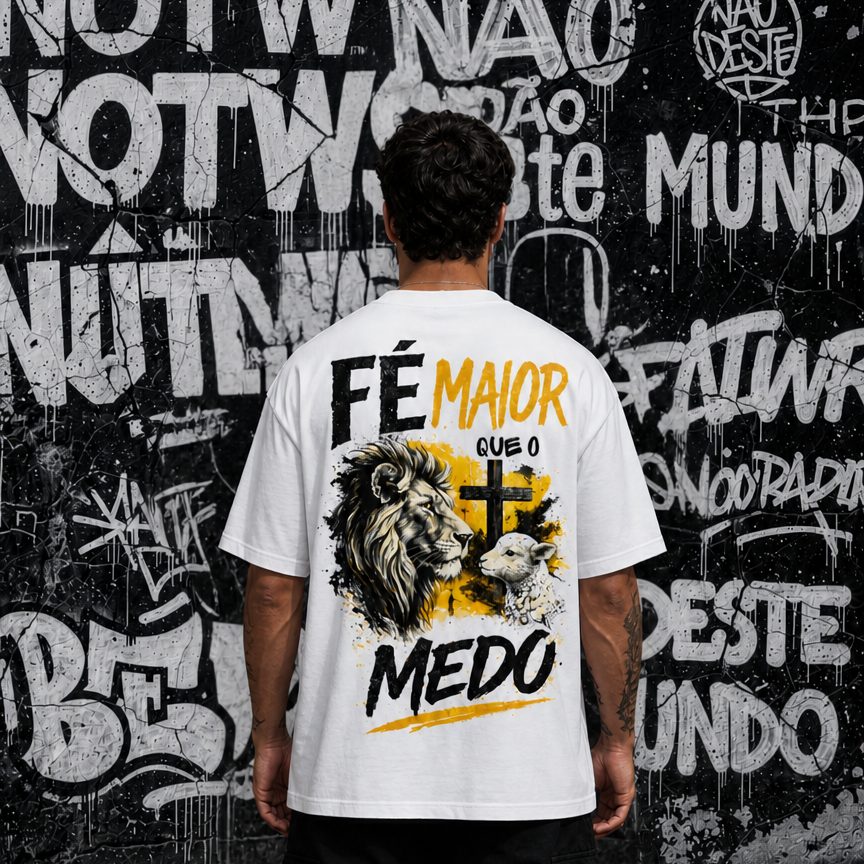 Camiseta Oversized — Fé maior que o medo - Branca